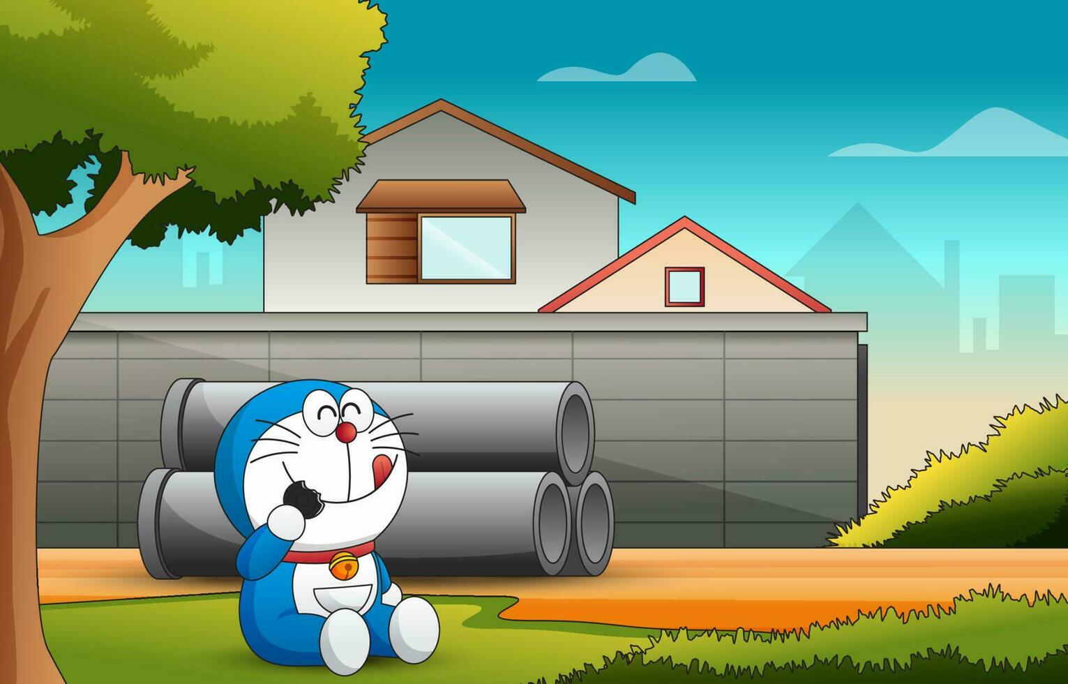 Background of Blue Robocat Eating Dorayaki vector