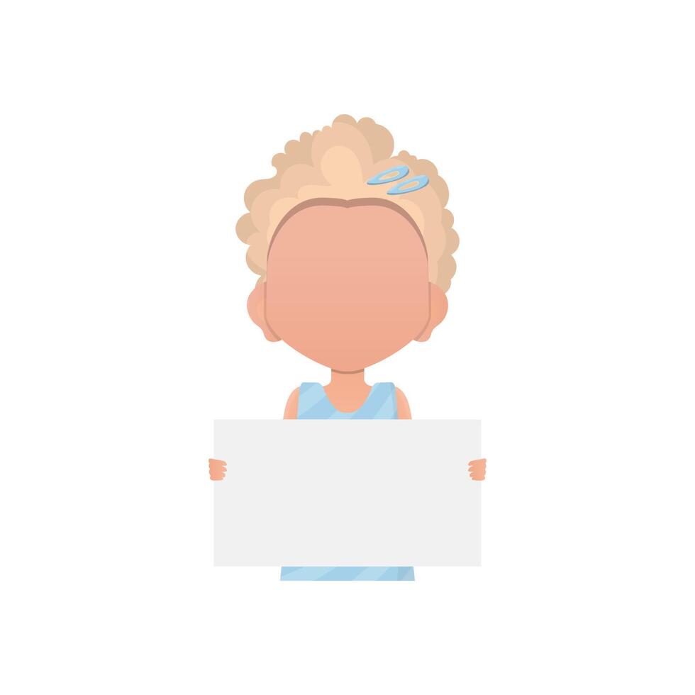 A small child girl holds a blank sheet of paper in her hands. Isolated. Cartoon style. vector