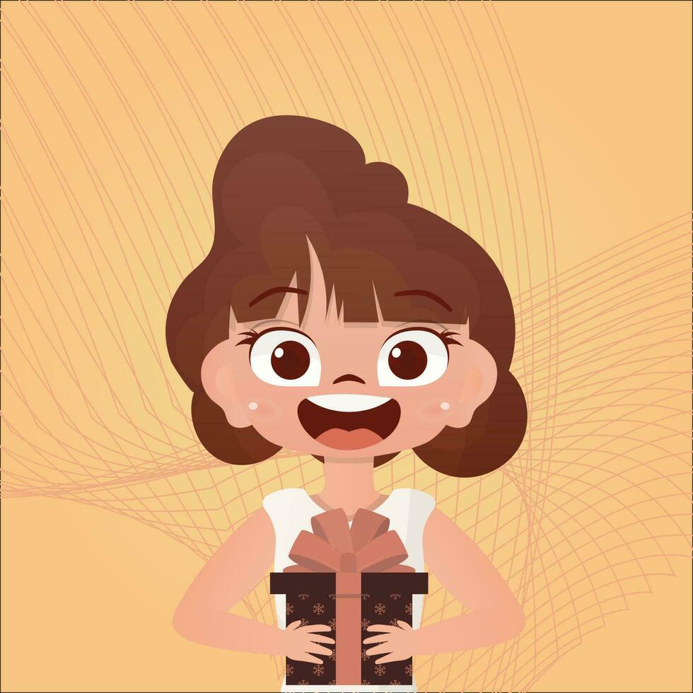 Little girl is holding a gift. A child with a festive box in his hands on a yellow background. Vector illustration in cartoon style.