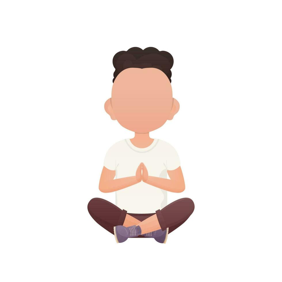 A cute preschool boy meditates In the lotus position. Isolated. Cartoon style. vector