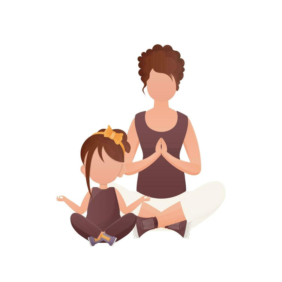Mom and daughter sit in the lotus position. Cartoon style. Isolated. Previous illustration. vector