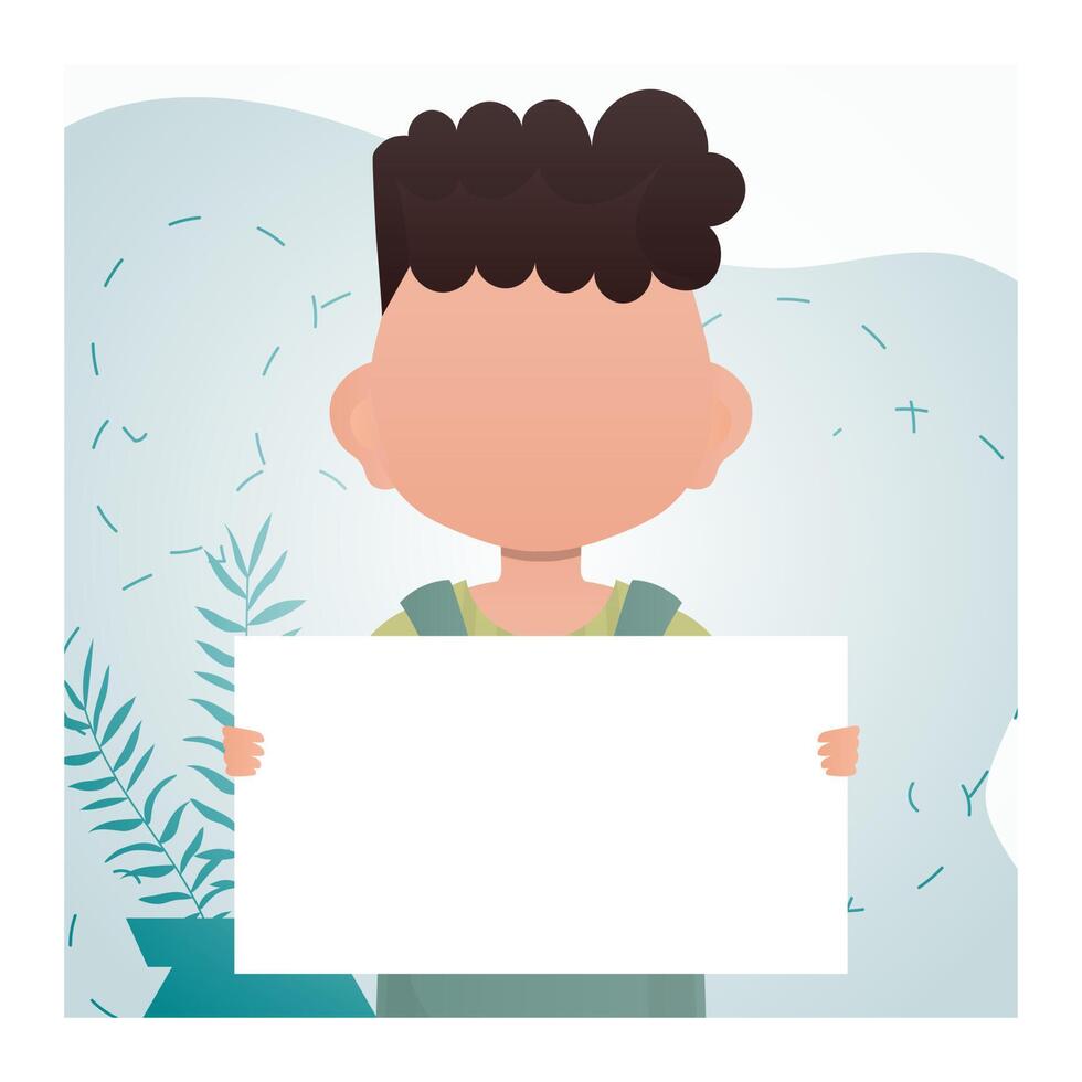 A little boy is holding an empty banner in his hands. Advertising. Cartoon style. vector