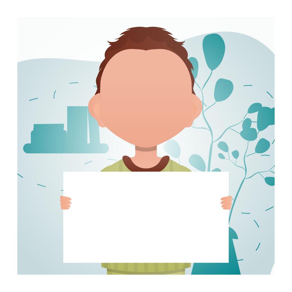 A little boy is holding a blank poster. Advertising. Cartoon style. vector