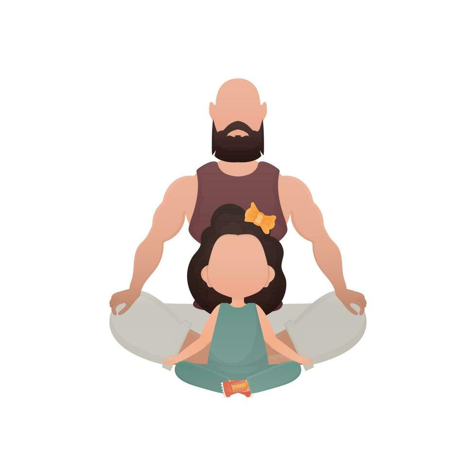 Dad and daughter are sitting meditating. Isolated. Cartoon style. vector