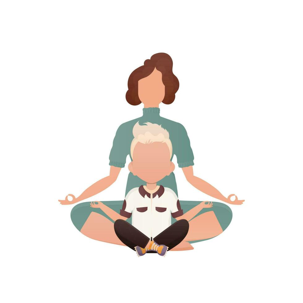 A young girl and a boy of preschool age sit meditate. Isolated. Cartoon style. vector