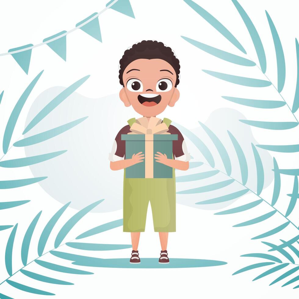 alegre niño chico soportes y sostiene un caja con un arco en su manos. cumpleaños, nuevo año o Días festivos tema. dibujos animados estilo. vector ilustración.