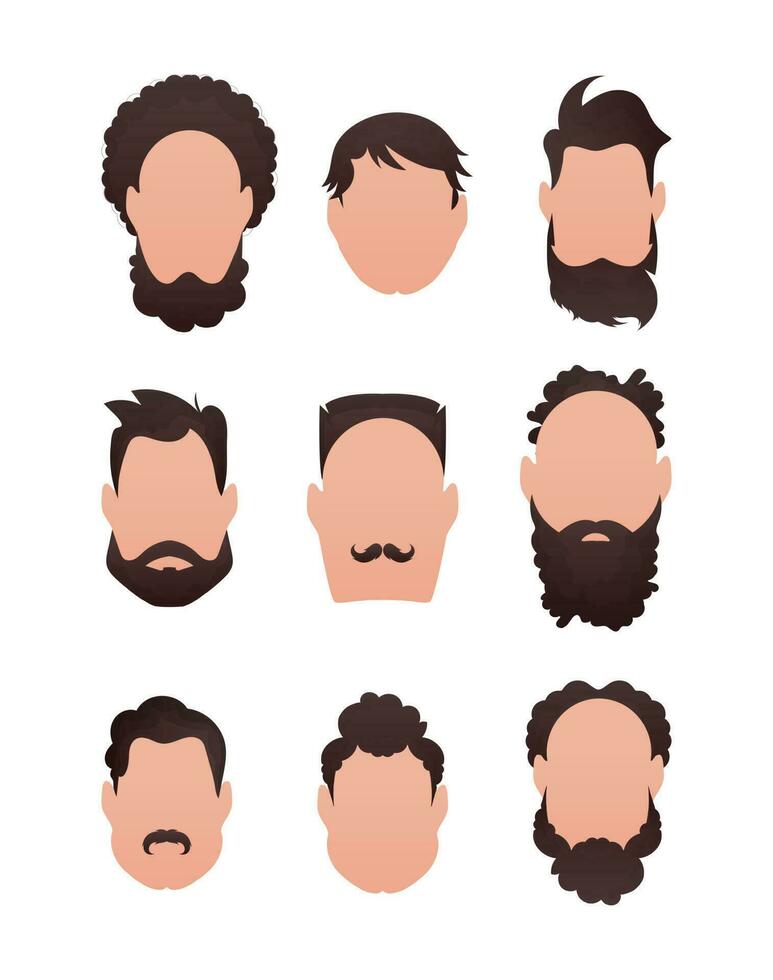 Large Set of Faces of men with different hairstyles. Isolated. vector