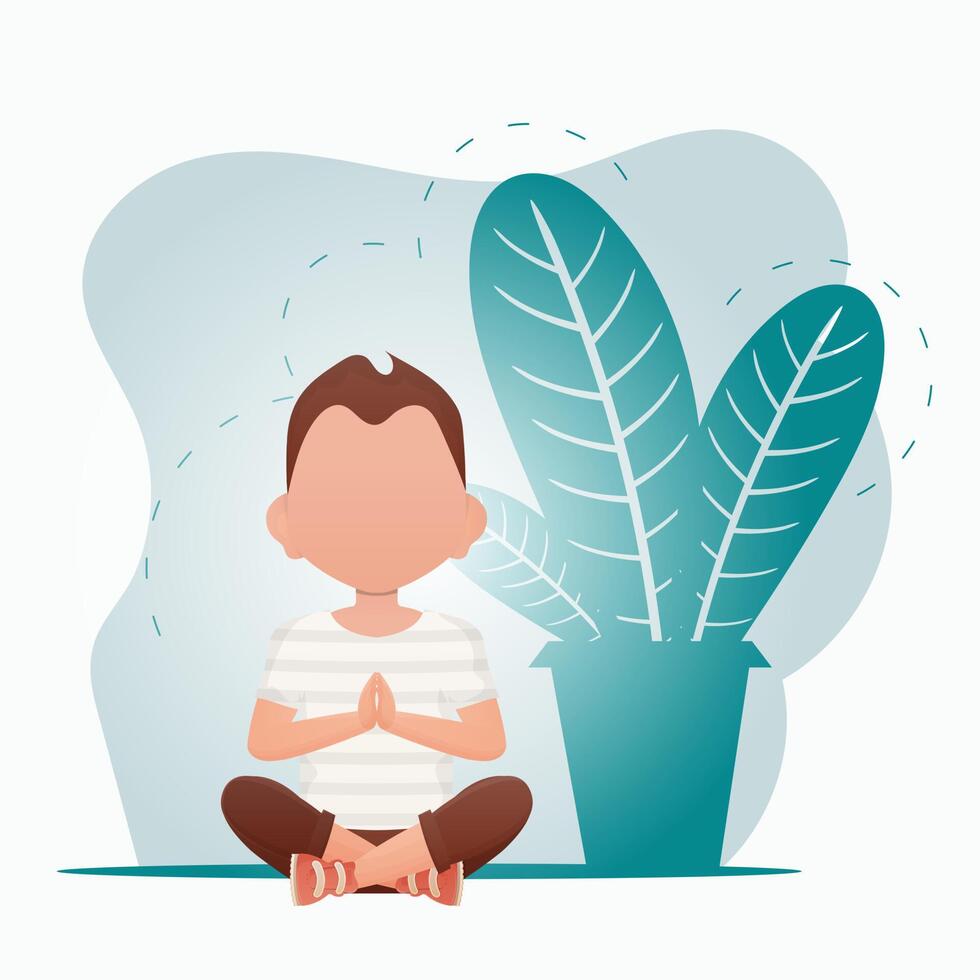 A cute little boy is meditating in the room. Sports and recreation concept. illustration in cartoon style. vector