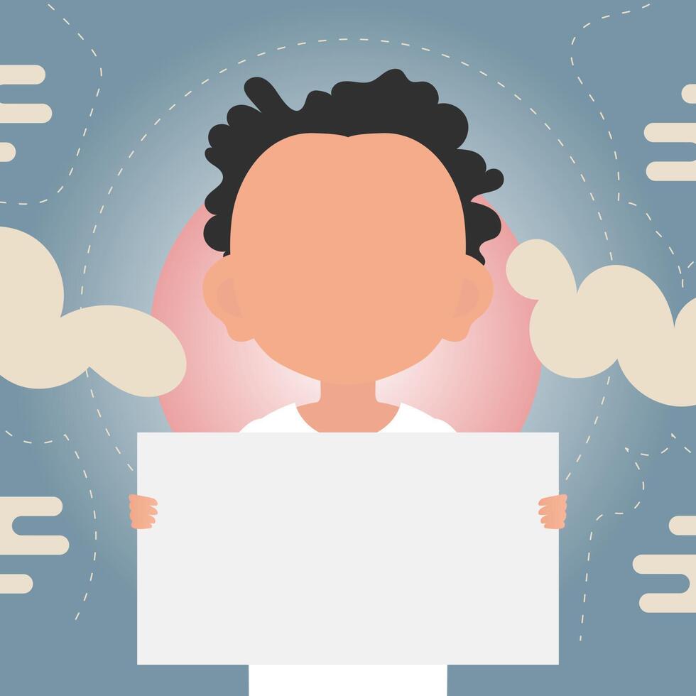 A cute preschool boy is holding a blank sheet of paper in his hands. Place for your logo, text or design. illustration in cartoon style. vector