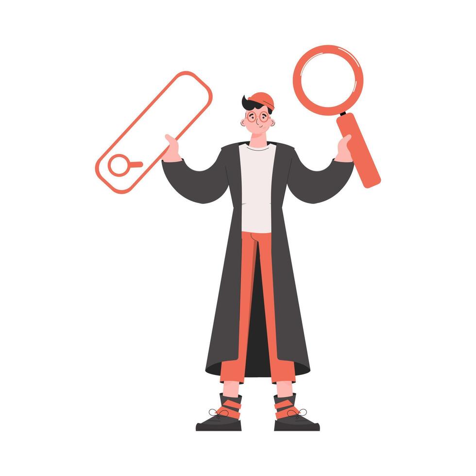 A man stands in full growth and holds a magnifying glass in his hands. Isolated. Element for presentations, sites. vector