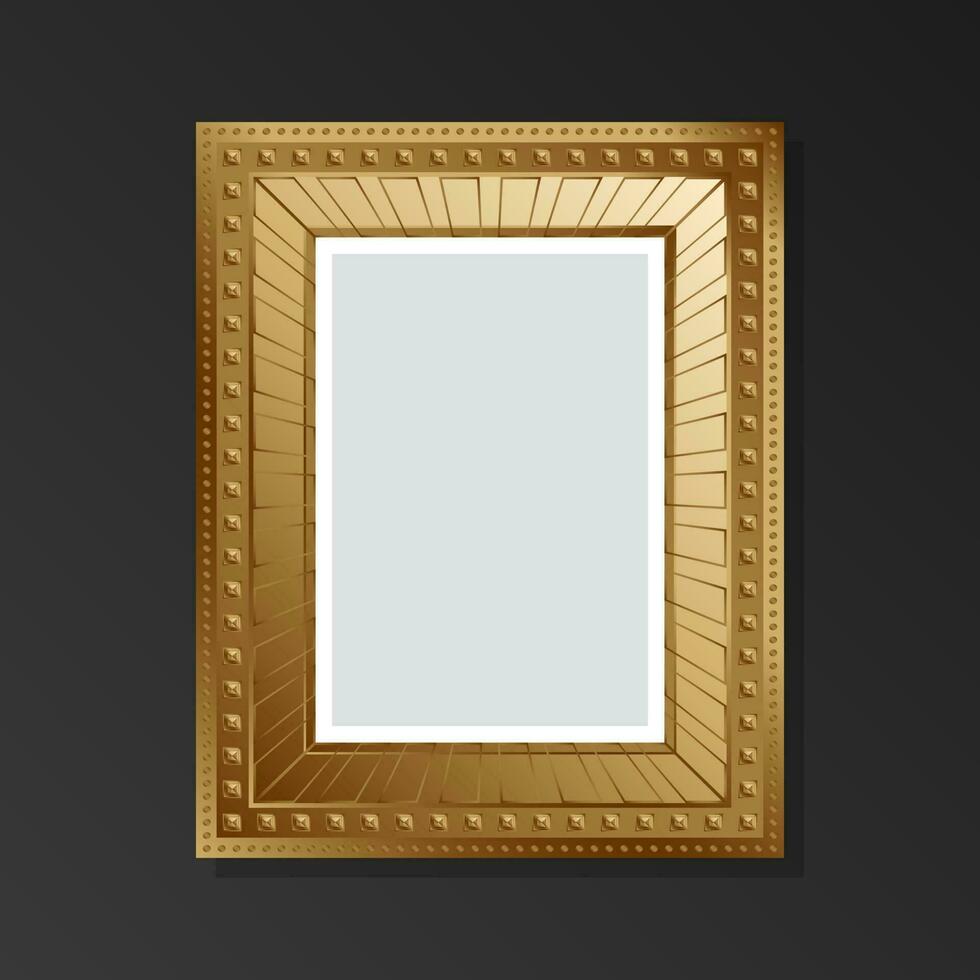 In golden style empty picture frame on black background. Flat style. vector