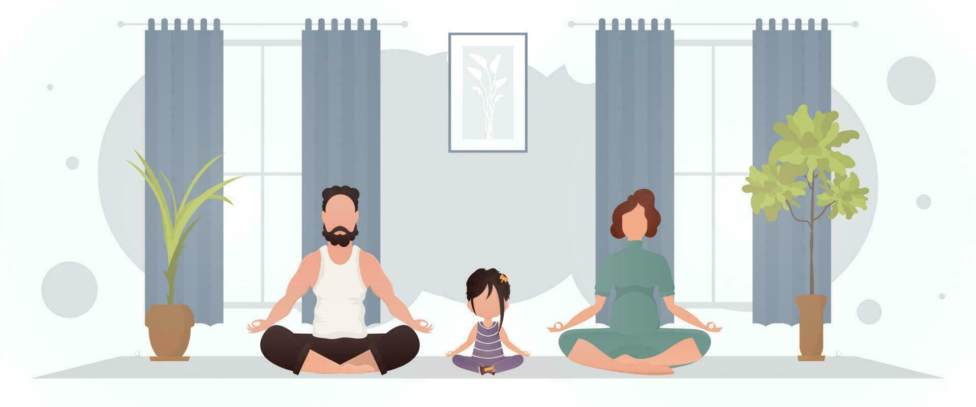 Husband with wife and daughter doing yoga in the room. Yoga. Cartoon style. vector