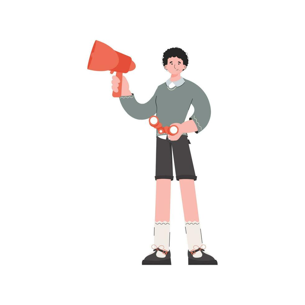 A man stands in full growth and holds a loudspeaker in his hands. Isolated. Element for presentations, sites. vector