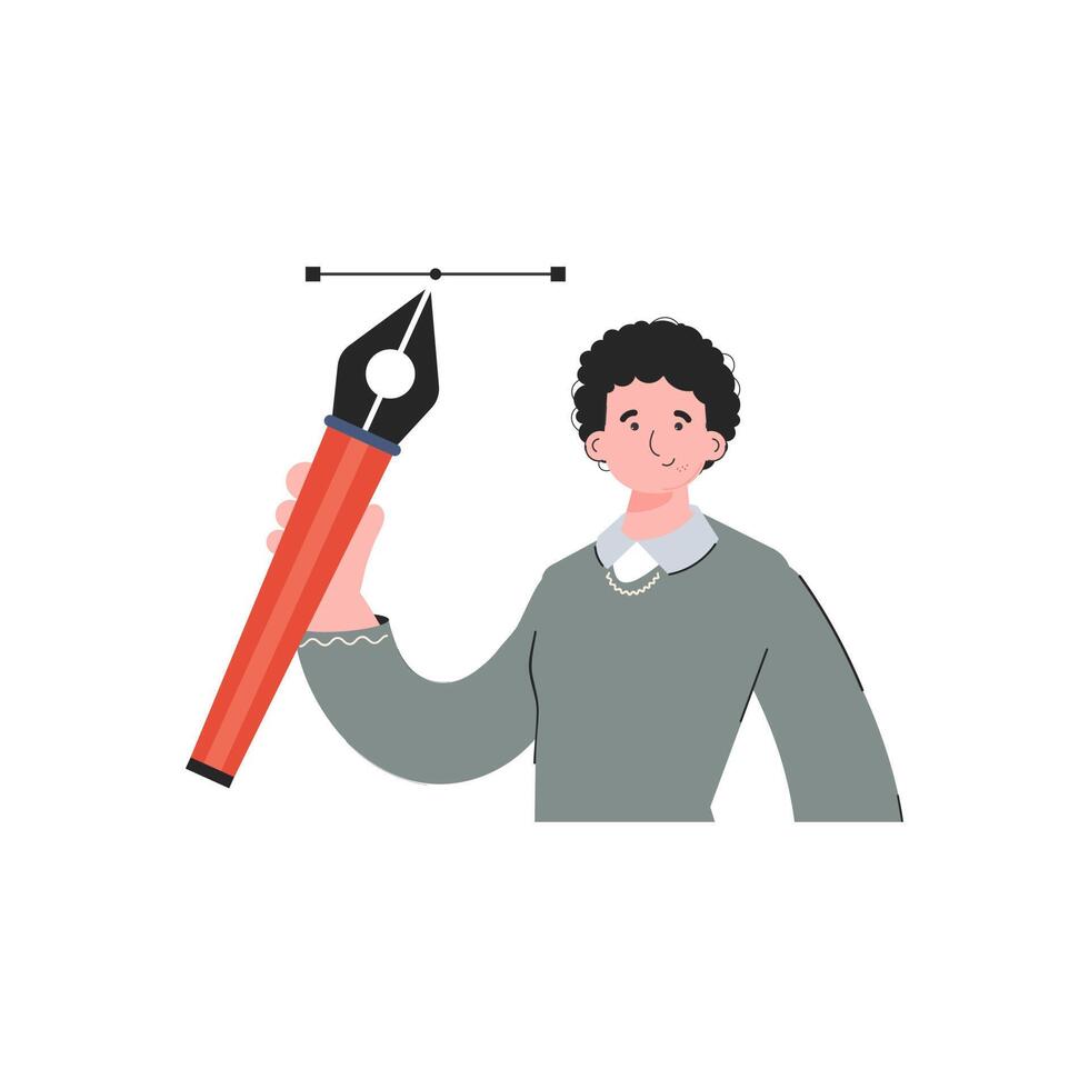 A man stands waist-deep holding a pen tool in his hands. Isolated. Element for presentations, sites. vector