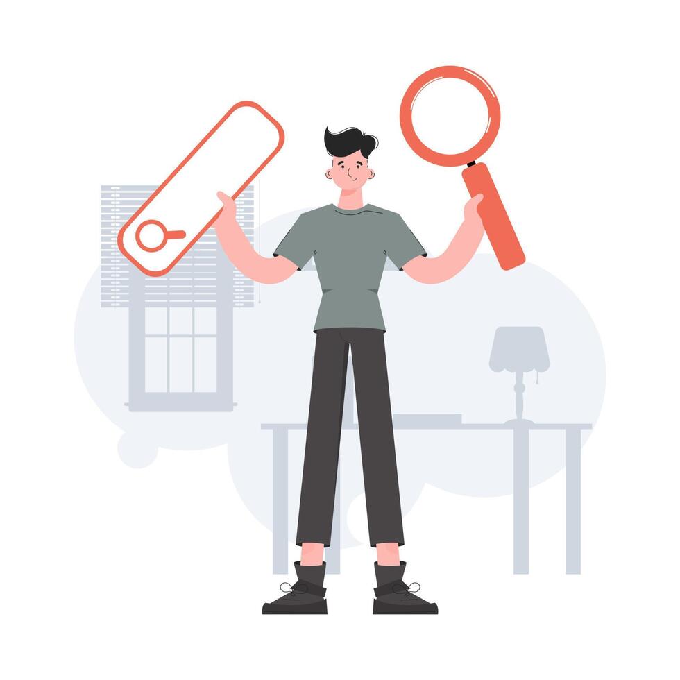 A man stands in full growth holding a web search bar and a magnifying glass. Search. Element for presentations, sites. vector