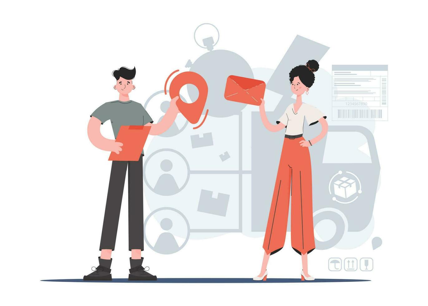 A man and a woman stand in full growth with a location mark and an envelope with a letter in their hands. Communications. Element for presentations, sites. vector