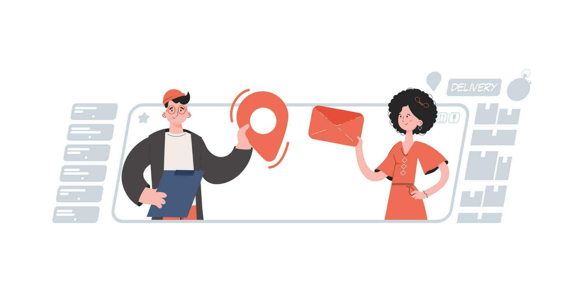 A man and a woman stand with a belt and hold a geolocation and an envelope. Delivery. Element for presentations, sites. vector