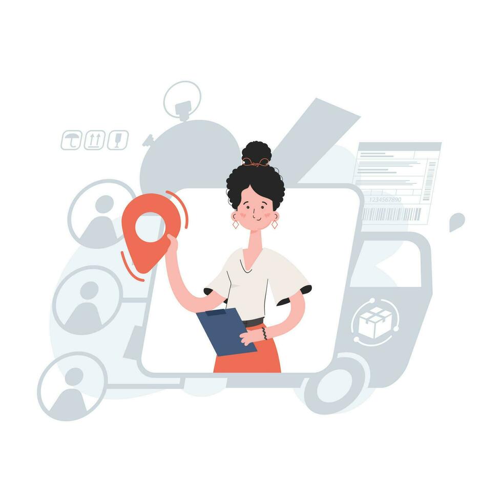 A woman stands waist-deep and holds a navigation sign in her hands. Delivery. Element for presentations, sites. vector