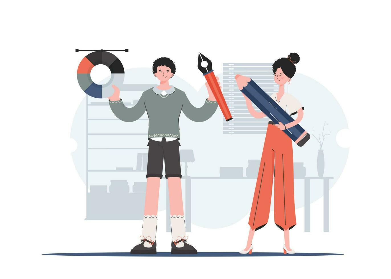 A man and a woman stand to their full height and hold a large pencil and a color palette. Design. Element for presentations, sites. vector