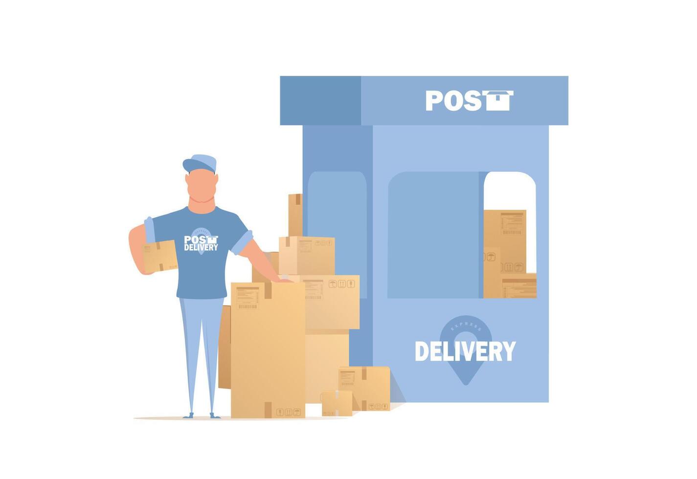 The postal courier stands next to the boxes and the pick-up window. Postal office illustration vector