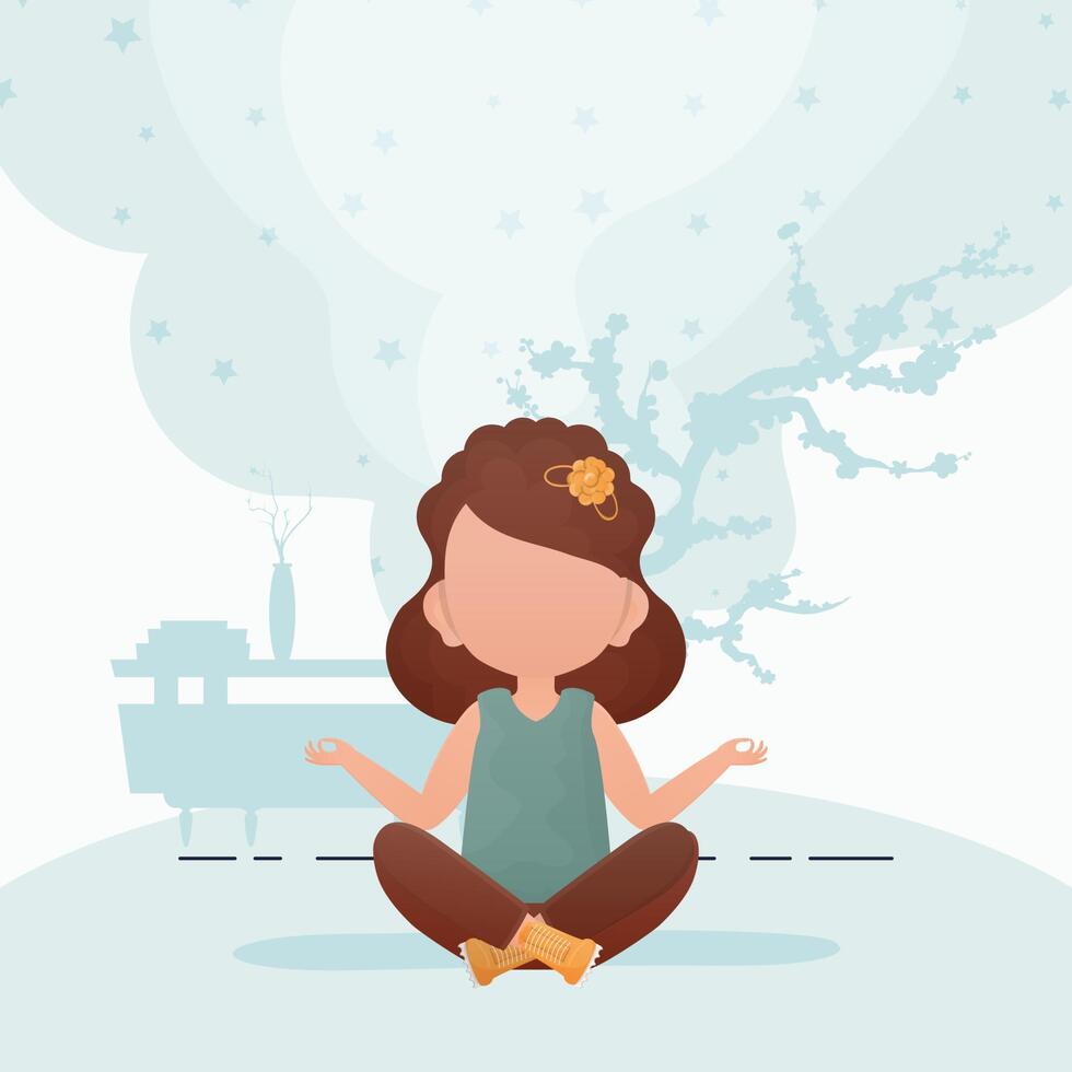 Little girl doing yoga in the lotus position. Cute yoga, mindfulness and relaxation. Vector illustration in cartoon style.