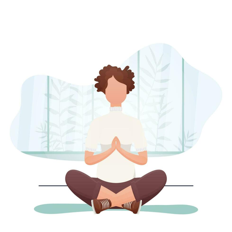 The girl is sitting in the lotus position. Healthy lifestyle concept. Cartoon style. vector