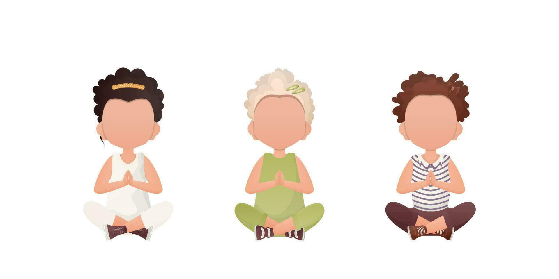 Little girls Sits in the lotus position. Cute yoga, mindfulness and relaxation. Cartoon style. Set isolated on a white background. vector
