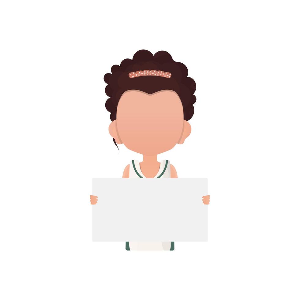 A small child girl holds a blank sheet of paper in her hands. Isolated on white background. Cartoon style. vector