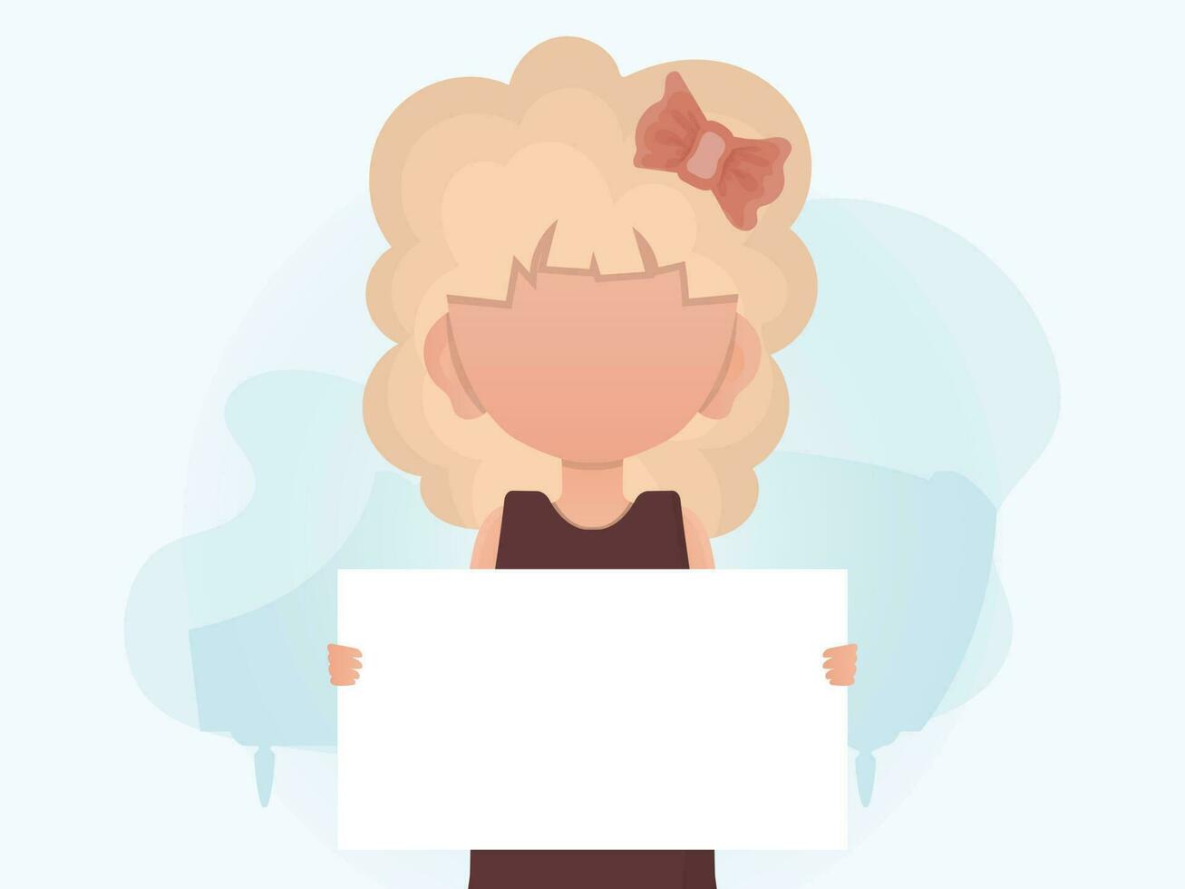 A little girl is holding a blank sign. Place for announcement. Flat style. vector