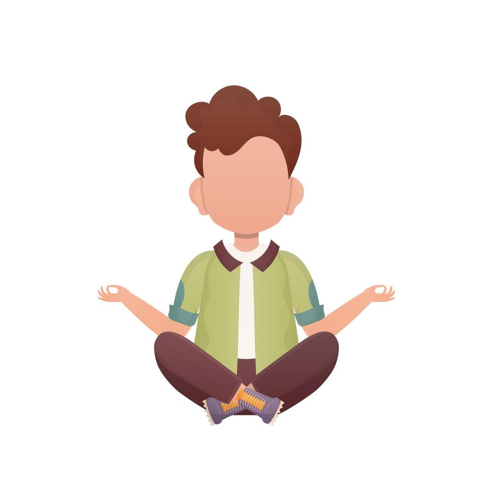 Little boy sits meditates. Isolated. Cartoon style. vector