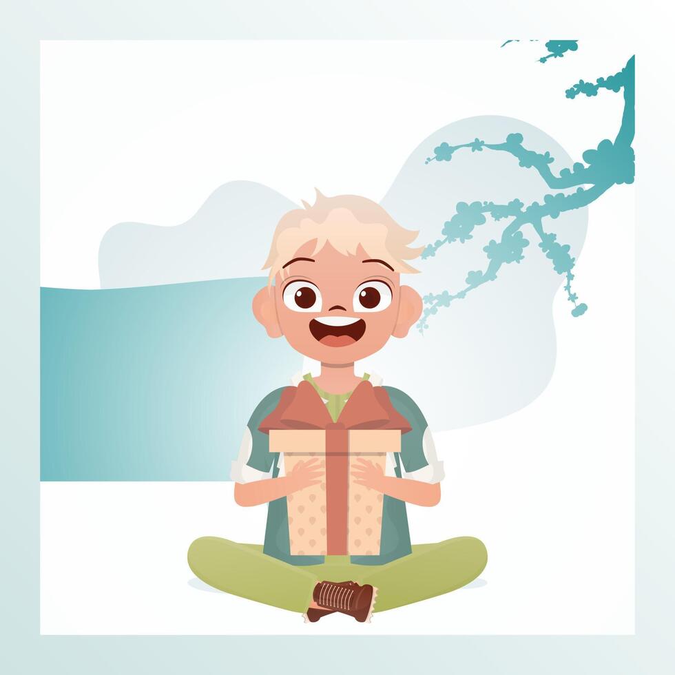 A happy child boy sits in a lotus position and holds a gift box with a bow in his hands. Birthday, new year or holidays theme. Cartoon style. illustration. vector