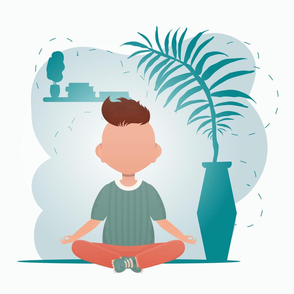 Cute little baby boy doing yoga in the room. Healthy life concept. Cartoon style. illustration. vector