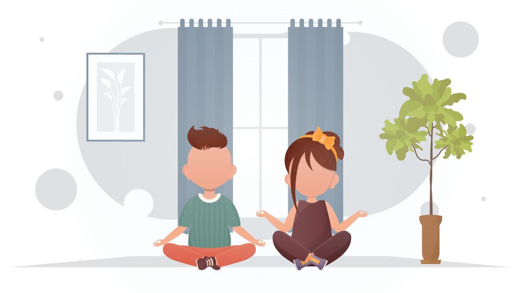 un pequeño chico y un linda niña son haciendo yoga en el habitación. yoga. dibujos animados estilo. vector