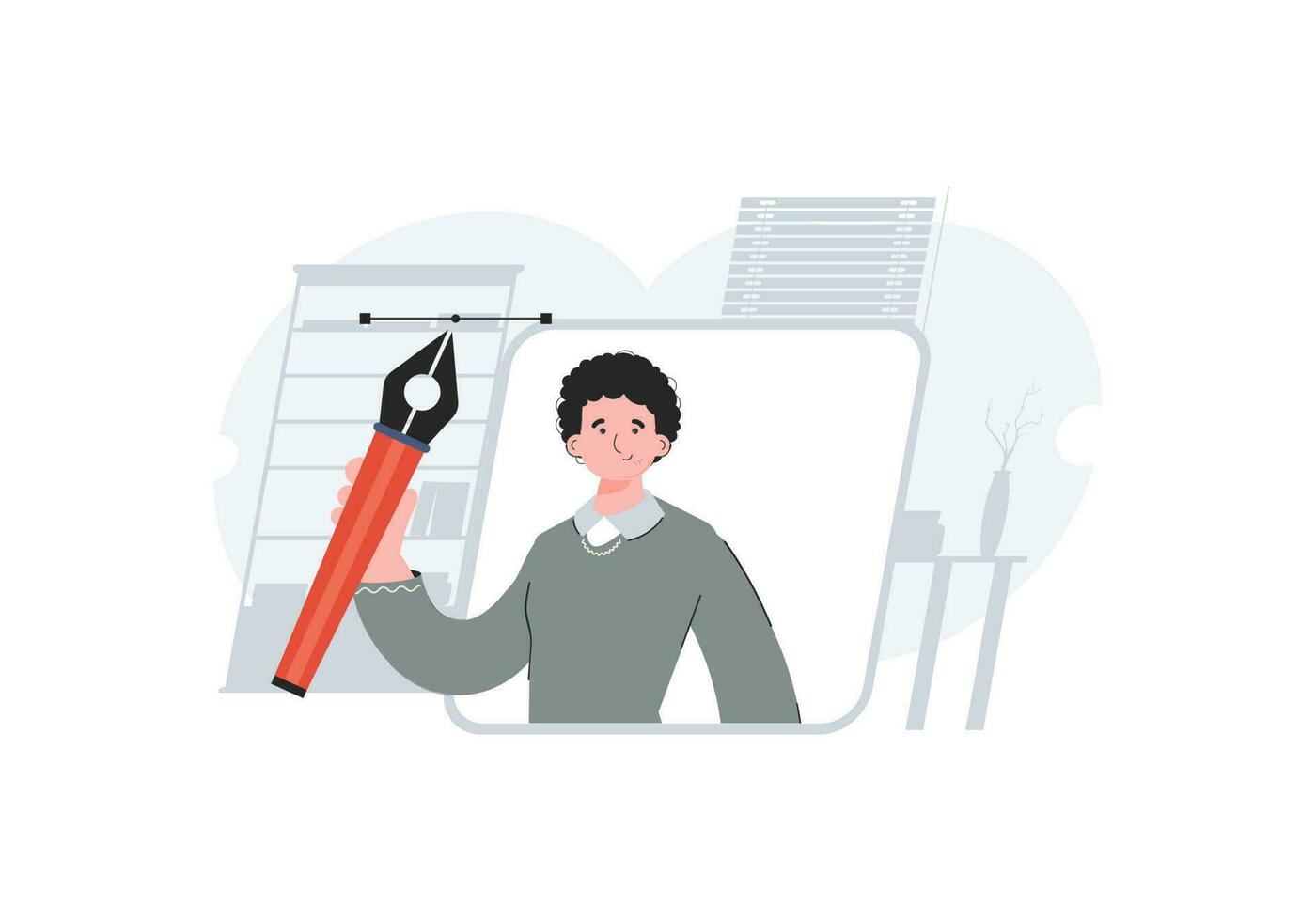 A man stands waist-deep holding a pen tool in his hands. Art. Element for presentations, sites. vector