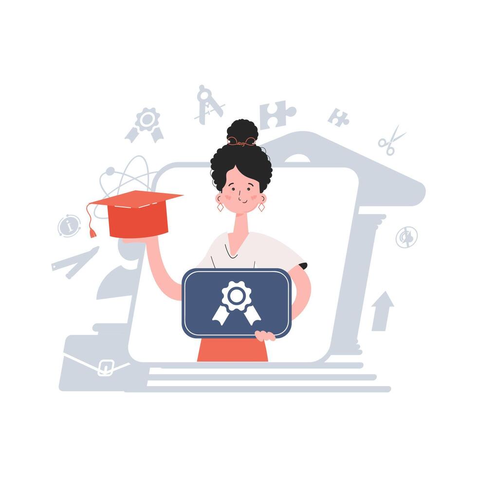 The girl stands waist-deep and holds a graduation cap. Education. Element for presentations, sites. vector