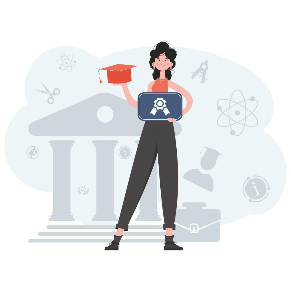 The girl stands in full growth and holds a diploma. Education. Element for presentations, sites. vector