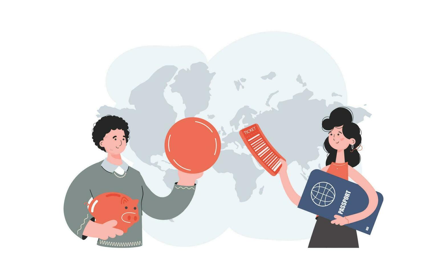 A man and a woman stand with a belt and hold a passport and a piggy bank. Savings. Element for presentations, sites. vector