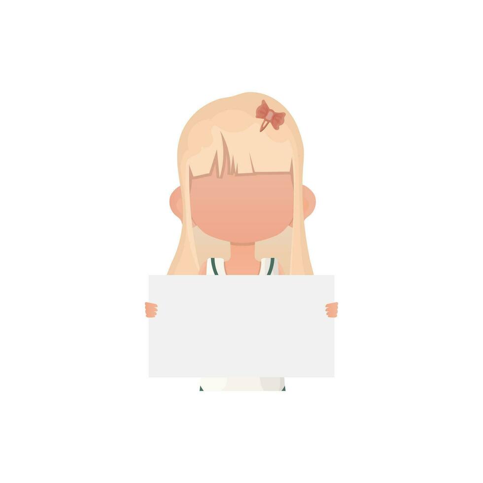 Little child girl holding a blank sheet of paper. Isolated. Flat style. vector