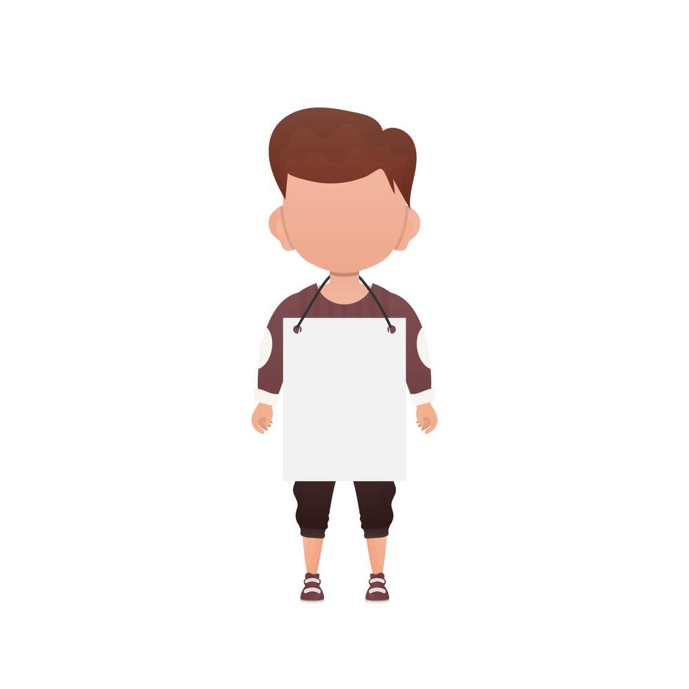 A cute preschool boy with a blank banner. Isolated on white background. Vector illustration in cartoon style.