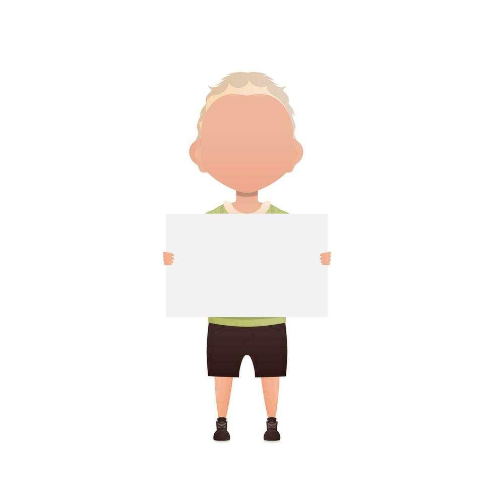 Cute little baby boy holding a blank sign. Isolated. Cartoon style. Vector illustration.