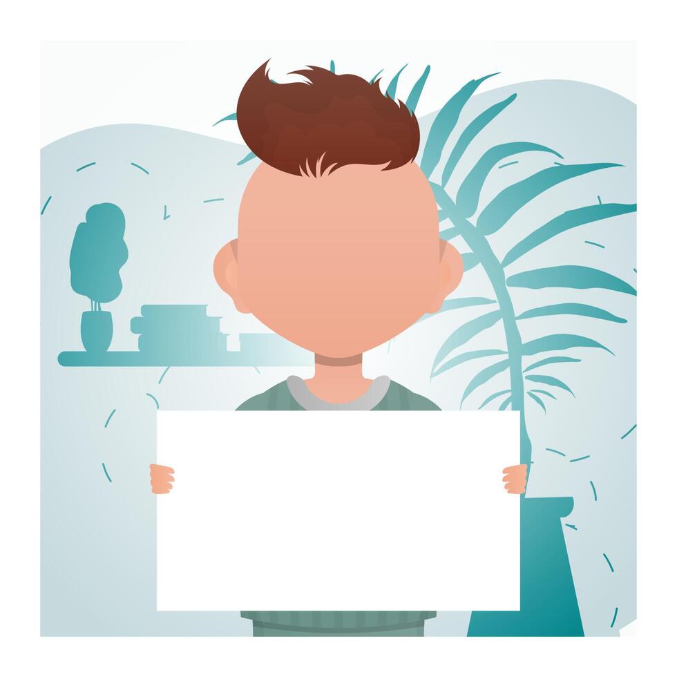 Little boy holding a blank banner. Place for text. Cartoon style. vector