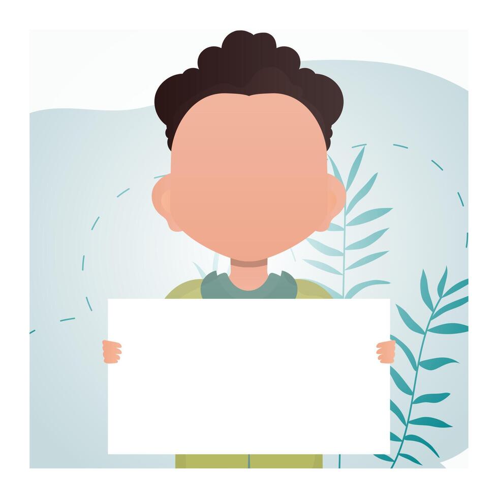 Cute preschool boy holding a blank poster. Place for text. Cartoon style. vector