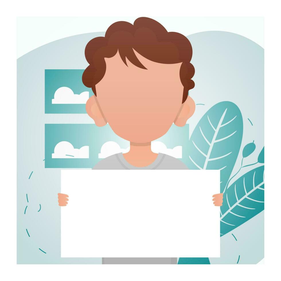 A cute preschool boy is holding a blank piece of paper in his hands. Advertising. Cartoon style. vector