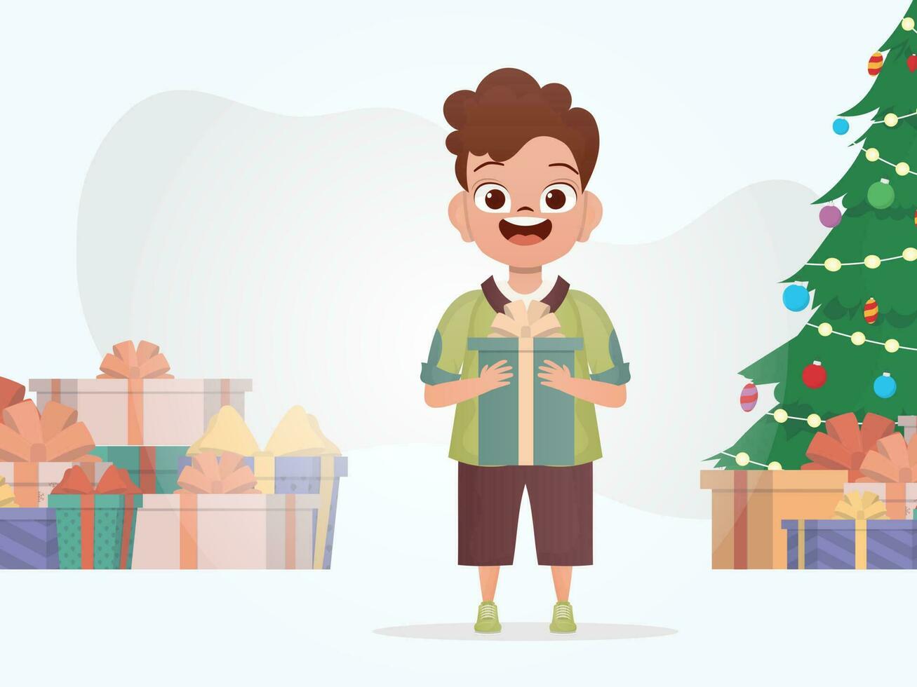 A little boy is holding a box with a bow. Christmas. Cartoon style. vector