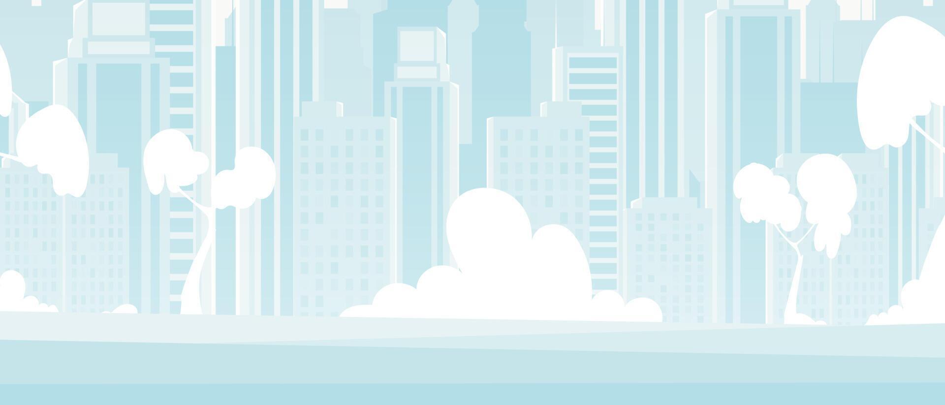 City background in blue tones. Wide poster with space for your design. Vector illustration in cartoon style.