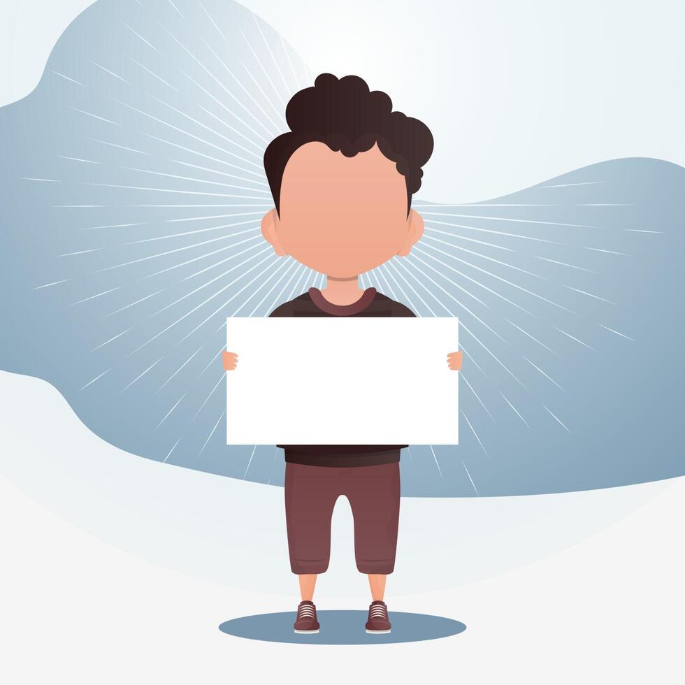 A cute little boy with a blank banner. Place for your text. illustration in cartoon style. vector