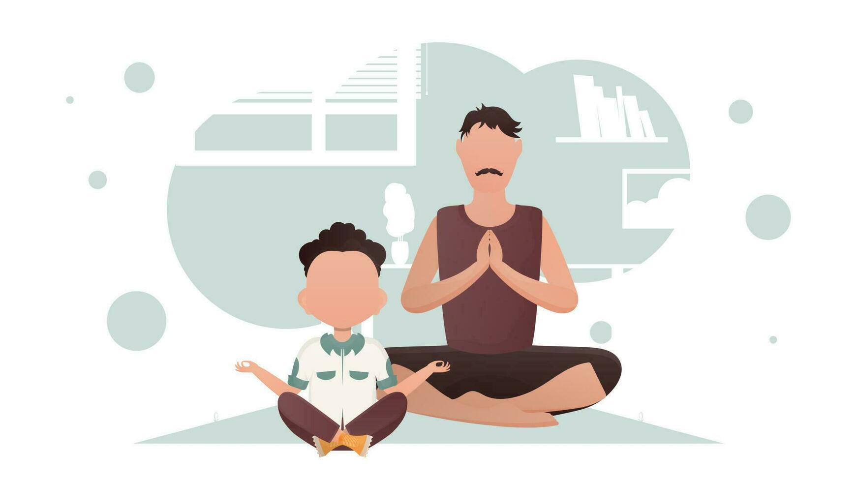 A man with a little boy are sitting meditating in the room. Yoga. Cartoon style. vector