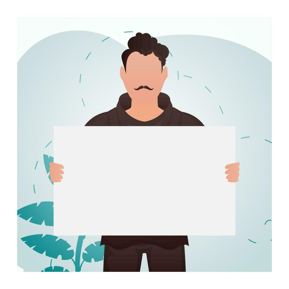 A guy with a strong physique holds an empty sign in his hands. Place for your advertisement. Cartoon style. vector