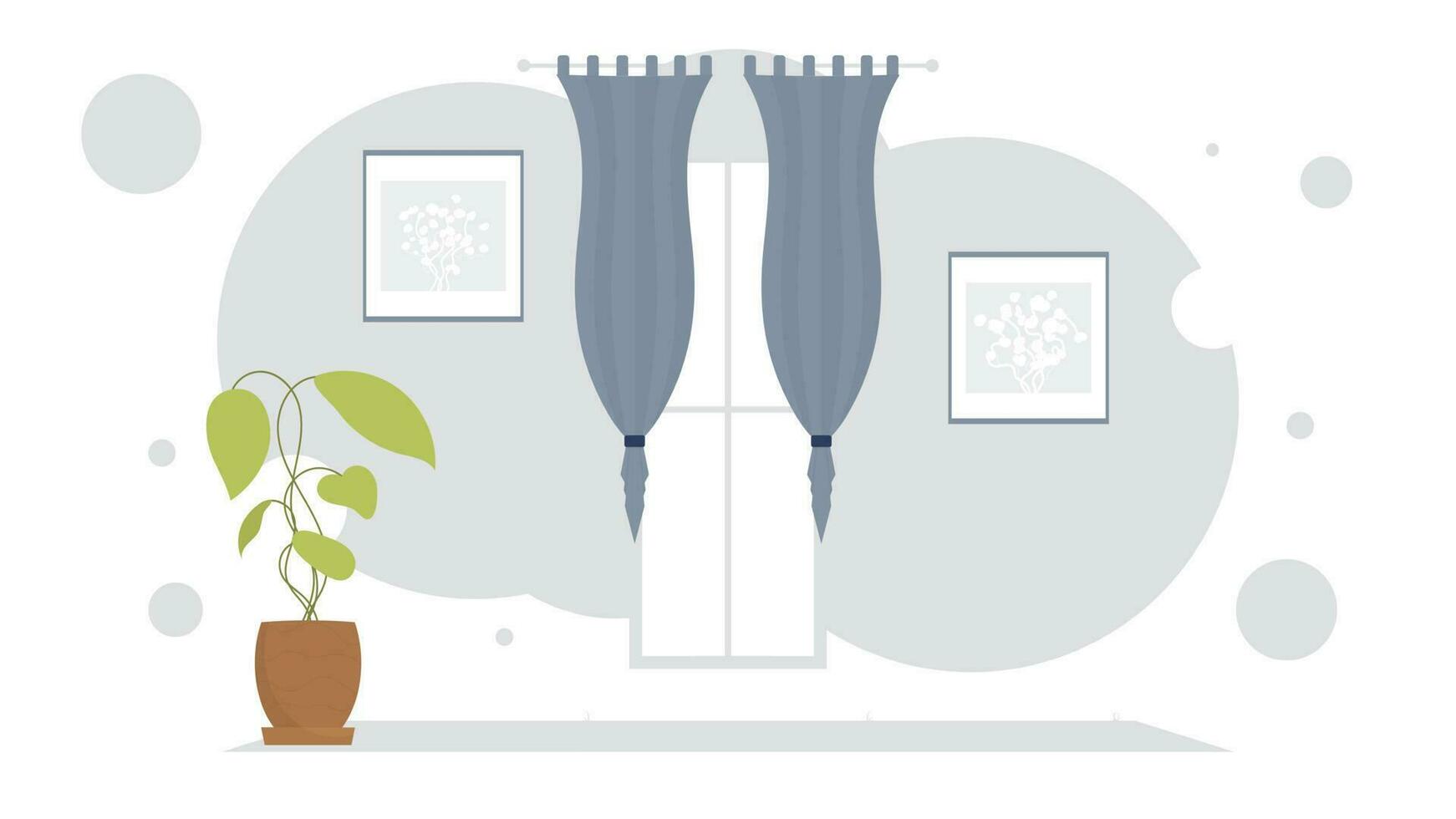 Living room with curtains and ornamental plant. Room design. Flat style. vector