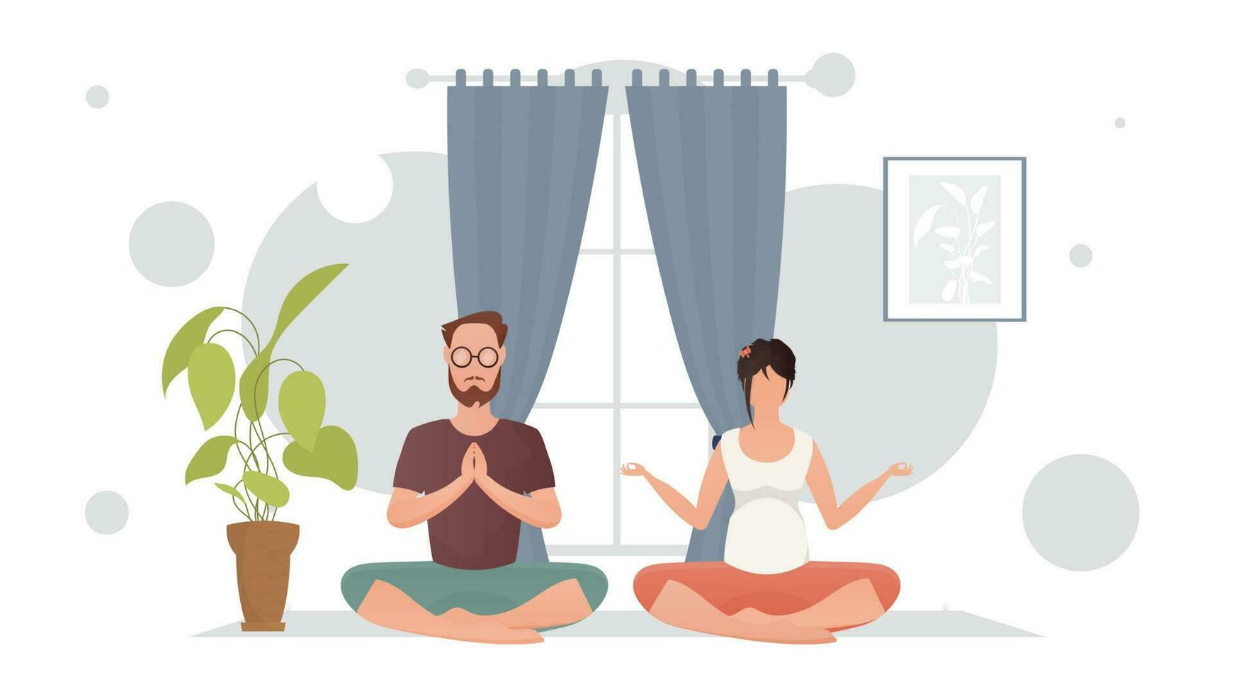 The guy and the girl are doing yoga in the lotus position in the room. Yoga. Cartoon style. vector